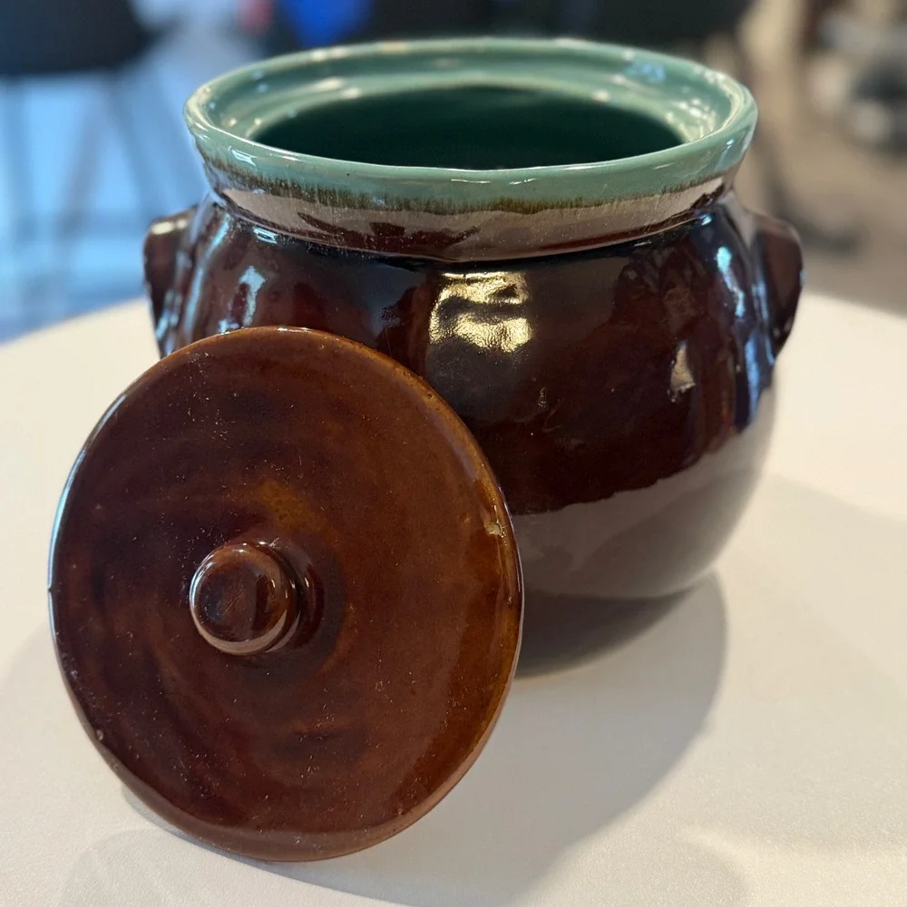 Vintage Ceramic Crock‎ Bean Pot Jar Brown Turquoise Lid Hull Pottery ****Lid****
